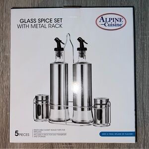 5 piece glass spice set with metal rack